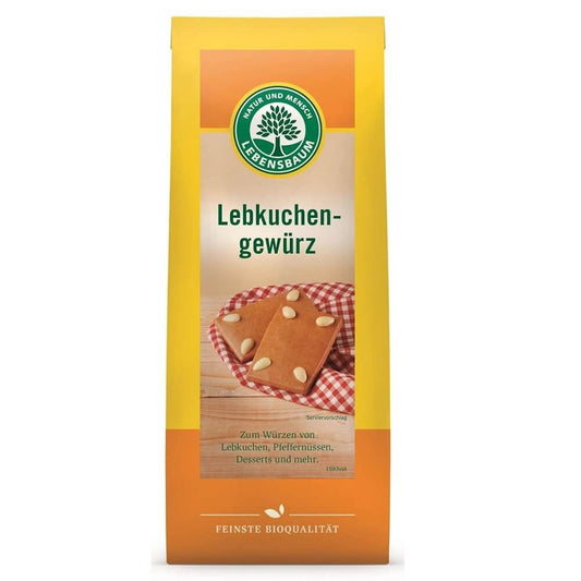 Bio Lebkuchengewürz von LEBENSBAUM, 50 g, mit Zimt, Nelken und Ingwer, in einer transparenten Gewürzdose.