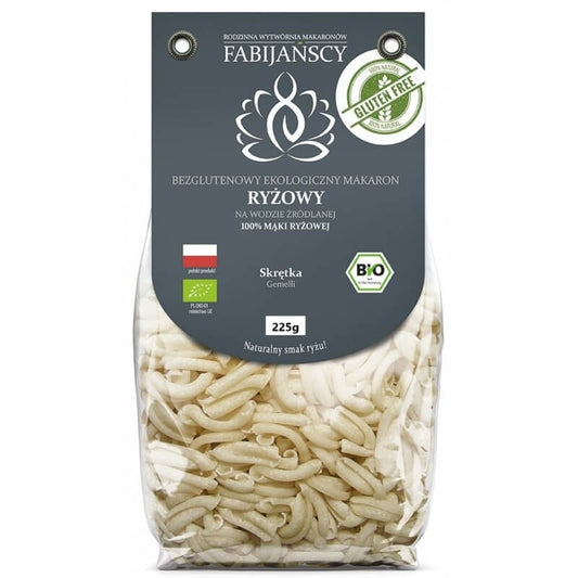 Weiße Bio-Reis-Gemelli-Nudeln (Twist) von FABIJAŃSCY, 250 g, trockene Pasta mit spiralförmigem Design.