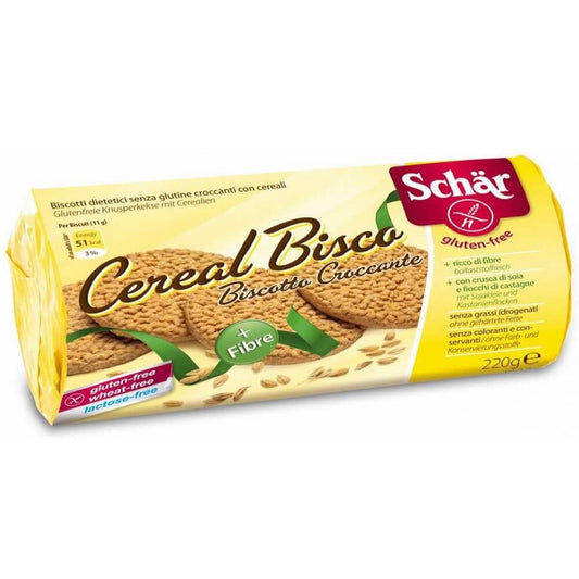 Glutenfreie Getreidekekse von SCHAR, 220 g, knusprige Kekse aus glutenfreiem Getreide auf einem Teller.