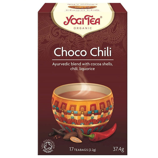 Bio Choco Schokoladen Tee mit Kakao und Chili von YOGI TEA, 17 Teebeutel zu je 22 g, in einer Verpackung.
