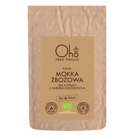 Bio Getreidemokka mit Kokosgetränk von OHO BAMBUCZI in 100g Packung, zeigt das Produkt in einer offenen Packung mit Kokosflocken