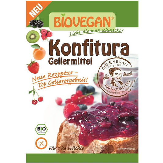 Gelierende glutenfreie Bio-Konfitüre von BIO VEGAN in 22 g, vegan und fruchtig, zeigt die Verpackung mit Produktbeschreibung.