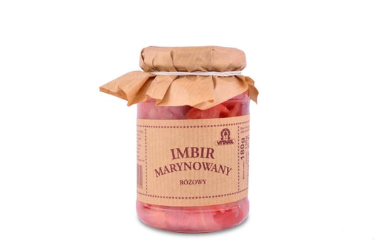 Eingelegter rosa Ingwer von VITAPOL in 180 g Glas, frisch und aromatisch, zeigt rosa Ingwerstücke in Essiglösung