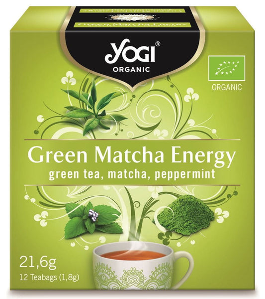 Bio grüner Matcha Energietee mit Minzgeschmack, YOGI, 12 Beutel à 18 g, frischer grüner Tee in Packung