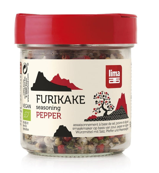 Bio Furikake mit Pfeffer von LIMA, 90 g, zeigt eine Verpackung mit Gewürzstreuseln für Sushi und Reisgerichte.