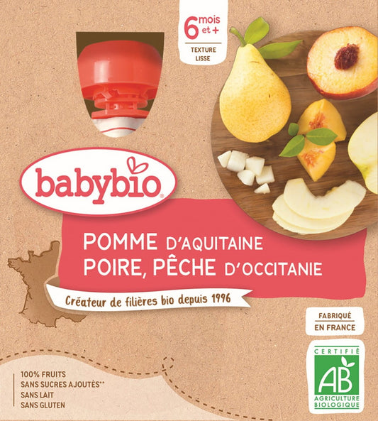 Baby-Obstdessert mit Apfel, Birne und Pfirsich, glutenfrei, Bio, für Babys ab 6 Monaten, 4x90 g von BABYBIO