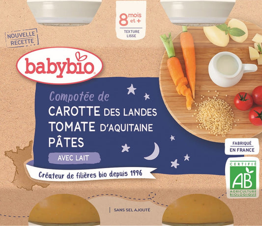 Gute-Nacht-Nudeln mit Karotten und Tomaten für Babys ab 8 Monaten, BIO, von BABYBIO, 2x200 g, in Schale mit Nudeln, Karotten und Tomaten