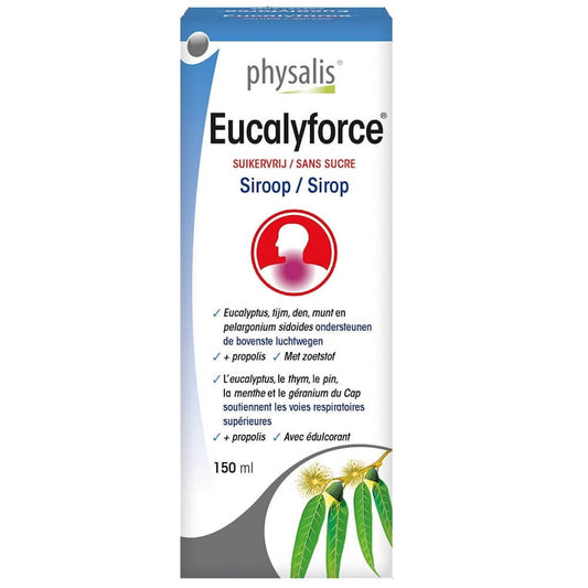 Bio Eucalyforce Sirup von PHYSALIS in 150 ml Flasche, zeigt die Flasche mit Eukalyptus- und Kräuter-Ingredienzen.