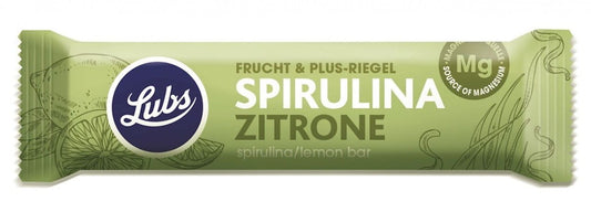 Glutenfreier Dattelriegel mit Spirulina und Zitrone von LUBS, Bio, 40 g, zeigt den Riegel mit grüner Spirulina und Zitronenscheiben.
