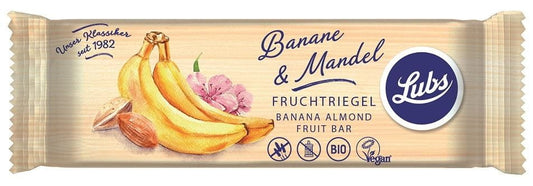Bio glutenfreier Bananenriegel mit Mandeln von LUBS, 40 g, zeigt den Riegel mit Bananen und Mandeln in der Verpackung