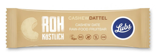 Glutenfreier Dattelriegel mit rohen Nüssen, Bio-Qualität, LUBS, 47 g, zeigt den Riegel mit Nüssen und Datteln.