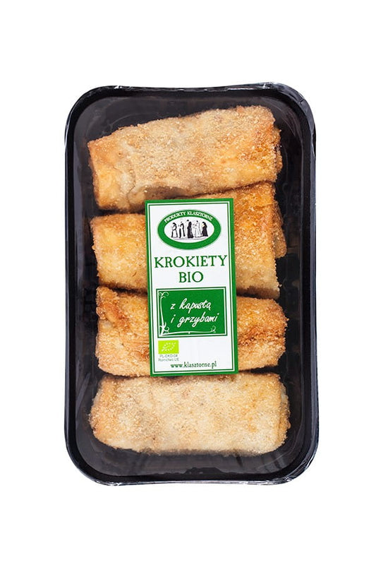 Bio-Kroketten mit Kohl und Pilzen von PRODUKTY KLASZTORNE, 400 g, frisch gebackene Kroketten mit Gemüse in der Nahaufnahme