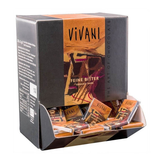 Bio kleine Bitterschokolade von VIVANI, 5g, dunkle Schokolade in handlicher Portion, sichtbar in der Verpackung