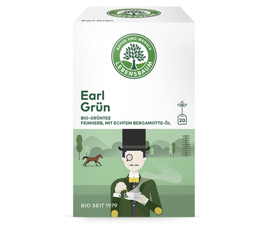 Grüner Bio-Tee Earl Grey von LEBENSBAUM in 20 Teebeuteln, zeigt dampfenden Tee in einer transparenten Tüte.