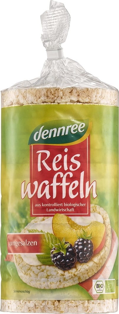 Glutenfreie Vollkorn-Reiswaffeln von DENNREE, 100 g, bio, knusprige Reiswaffeln auf einem Teller.