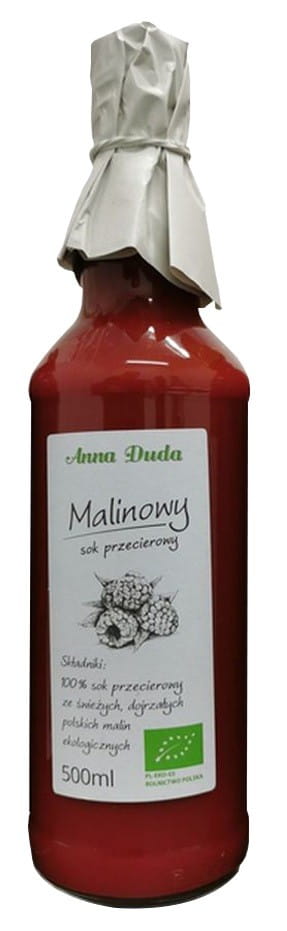 Bio Himbeerpüree von ANNA DUDA in 500 ml Flasche, cremige rote Beerenpaste auf weißem Hintergrund