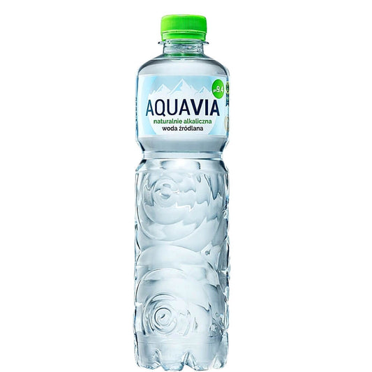 Basisches AQUAVIA Quellwasser in 500 ml Flasche, klares Wasser mit natürlicher Mineralstoffzusammensetzung.