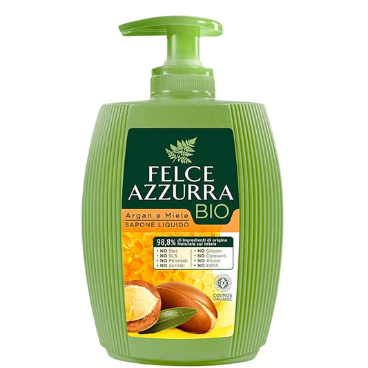 Flüssigseife mit Arganöl und Öko-Honig von FELCE AZZURRA, 300 ml Flasche, zeigt die Seifenpumpe und Verpackung.