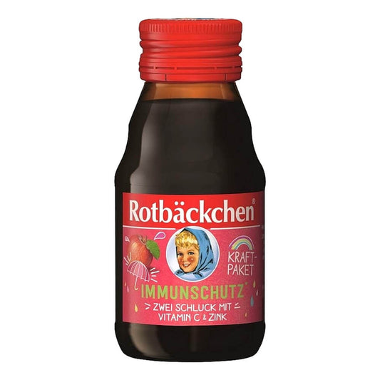 Fruchtshot mit Vitamin C und Zink von ROTBACKCHEN, 60 ml, zeigt eine Flasche mit fruchtigem Getränk und frischen Früchten.