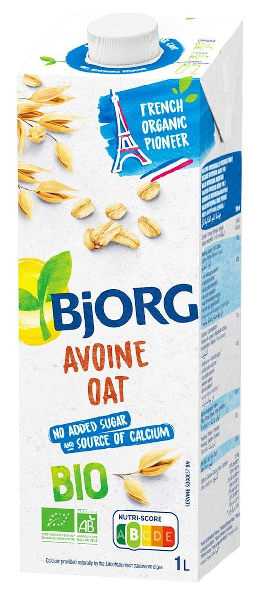 Bio Haferdrink mit Calcium aus Meeresalgen, ohne Zucker, 1000 ml Flasche von BJORG, zeigt die Verpackung vor einem Hintergrund.