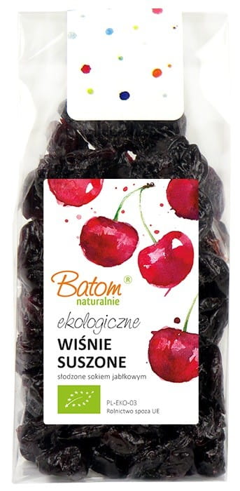 Gesüßte Himbeeren mit Apfelsaft, BIO, 100 g, von BATOM, frische rote Beeren in einer transparenten Verpackung.