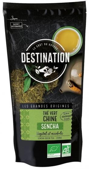 Grüner Sencha-Tee aus China in 80g Verpackung, ökologische Qualität, von DESTINATION, frischer grüner Tee mit Blättern.
