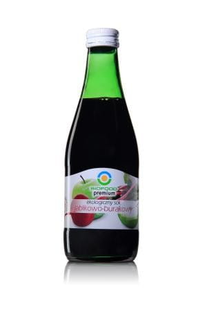 Bio-Apfel- und Rübensaft in 300ml Flasche von BIOFOOD PREMIUM, naturtrüb und frisch, auf weißem Hintergrund.