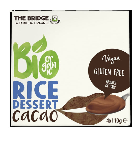 Reisdessert mit Kakao von THE BRIDGE, glutenfrei, 4x110g, cremiges Schokoladen-Reisdessert in Packungen.