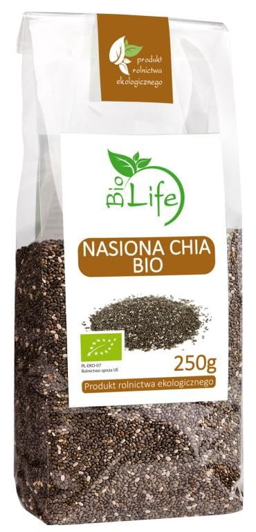 Chiasamen von BIO LIFE, 250g, biologisch und nachhaltig, in einer transparenten Verpackung sichtbar, ideal für gesunde Ernährung