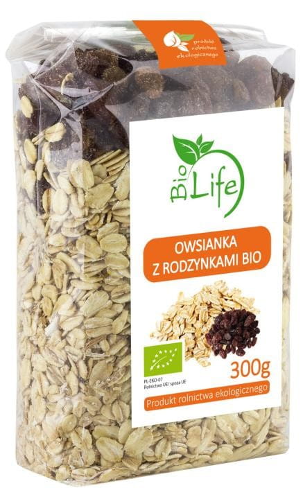 Haferflocken mit Rosinen von BIO LIFE, 300g, in einer transparenten Schüssel, zeigt das Produkt mit Haferflocken und Rosinen.