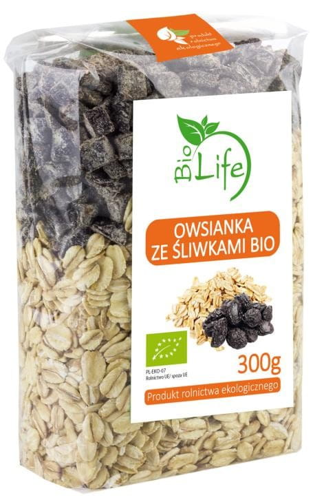 Haferflocken mit Pflaumen in einer Schale, BIO LIFE ECO BIO, 300g, gesunde Frühstückszubereitung, natürliche Zutaten.