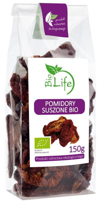 Getrocknete Bio-Tomaten im 150g Beutel, natürliche EKO BIO LIFE Qualität, saftig und aromatisch.
