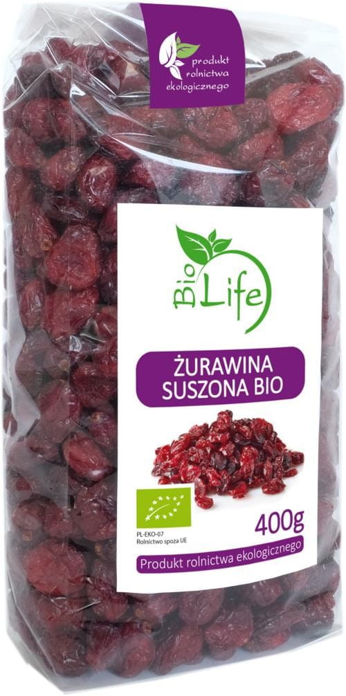 Getrocknete Bio-Preiselbeeren in 400g Verpackung von BIO LIFE, nachhaltige und gesunde Beeren für Snacks und Rezepte