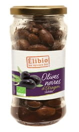 Getrocknete schwarze Oliven aus Aragon, 210g, bio-zertifiziert von ELIBIO, in einer Schale auf einem Holztablett.