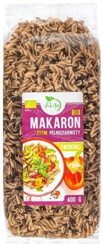 Vollkorn-Roggen-Pasta Gimlet von BIO LIFE, 400g, in einer offenen Packung mit trockener Pasta auf weißem Hintergrund.