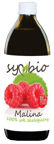 100% zuckerfreier Himbeersaft von SYMBIO in 500ml Flasche, naturtrüber EKO BIO Saft mit frischen Himbeeren.
