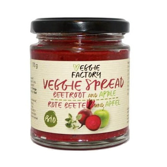 Vegane Gemüsepaste mit Rote Beete und Apfel, 170g, von VEGGIE FACTORY, in Glasbehälter auf weißem Hintergrund.