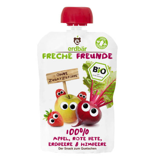 Kinder Saftmousse ERDBAR mit Apfel, Rote Beete, Erdbeere und Himbeere, 100 g, biologisch, fruchtig und bunt