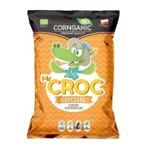 Buchweizen-Mais-Chips ohne Gluten von CORNGANIC BIO, 54g, bio, knusprige glutenfreie Snacks auf einem Teller.