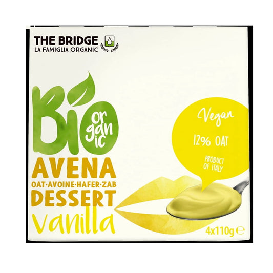 Veganer Haferdessert mit Vanillegeschmack, 4x110g, EKO THE BRIDGE, cremige Konsistenz in Schälchen auf weißem Hintergrund