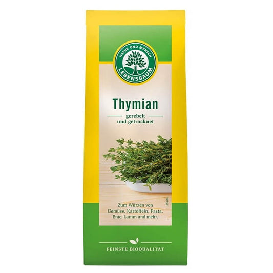 BIO Thymian von LEBENSBAUM, 20 g, frische grüne Kräuter in einer transparenten Verpackung.