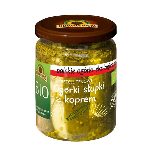 Eingelegte Gurken mit Dill, glutenfrei und bio, in 480 g Verpackung, von KOWALEWSKI, saftig und frisch.