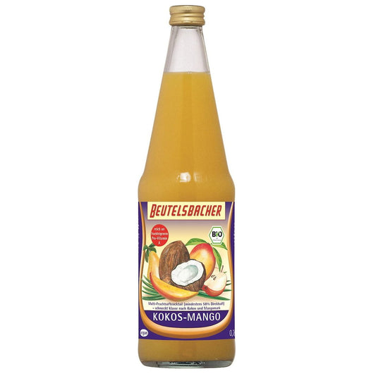 Bio Mango Frucht-Kokos-Cocktail von BEUTELSBACHER in 700 ml Beutel, zeigt eine tropische Fruchtmischung in einem Glas