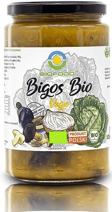 Glutenfreier veganer Bigos BIO von BIO FOOD, 740 g, mit Gemüse und veganen Zutaten, in einer Schüssel.