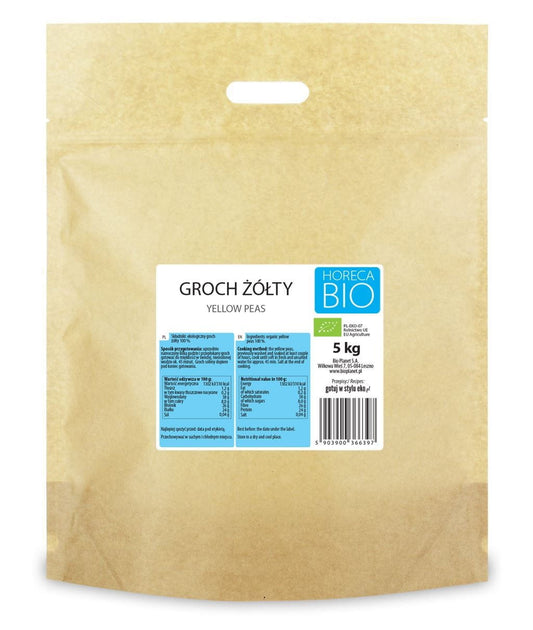 Gelbe Bio-Erbsen in 5 kg Verpackung von BIO PLANET, ideal für Gastronomie, frisch und knackig.