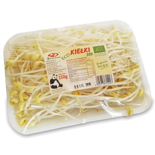 Frische Bio-Soja-Germ auf weißem Hintergrund, ca. 150 g, von BIO PLANET.