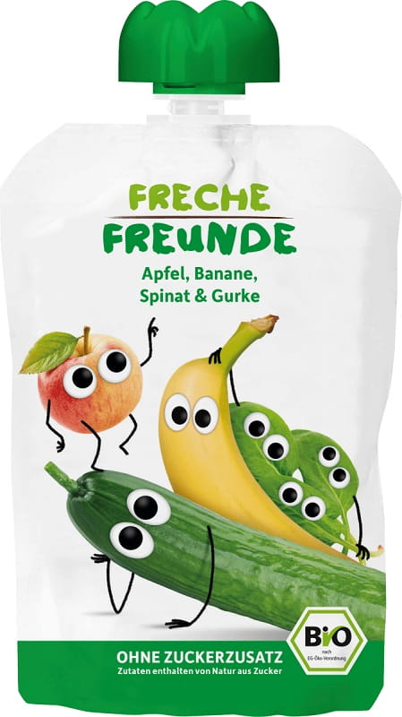 Kinder-Obst- und Gemüsemousse ERDBAR FRECHE FREUNDE mit Apfel, Banane, Spinat und Gurke, 100g, EKO, kindgerechte Verpackung