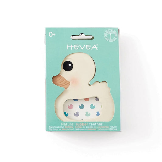 Runder Gummi-Beißring in Entenform von HEVEA, ideal für Babys zum Zahnen, mit weicher Textur und kindgerechtem Design.