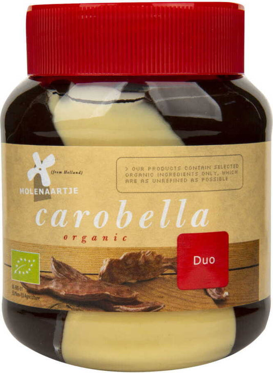 Bio Duo Riegel von CAROBELLA, 350 g, Ansicht des Verpackungsdesigns mit Produktname und natürlichen Zutaten auf der Verpackung
