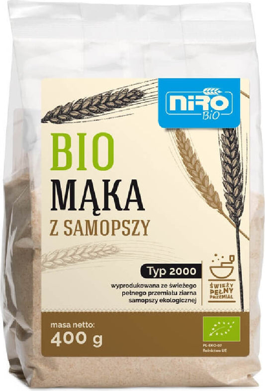 Bio Einkornmehl von NIRO in 400 g Packung, zeigt das mehlige Produkt in einer transparenten Verpackung